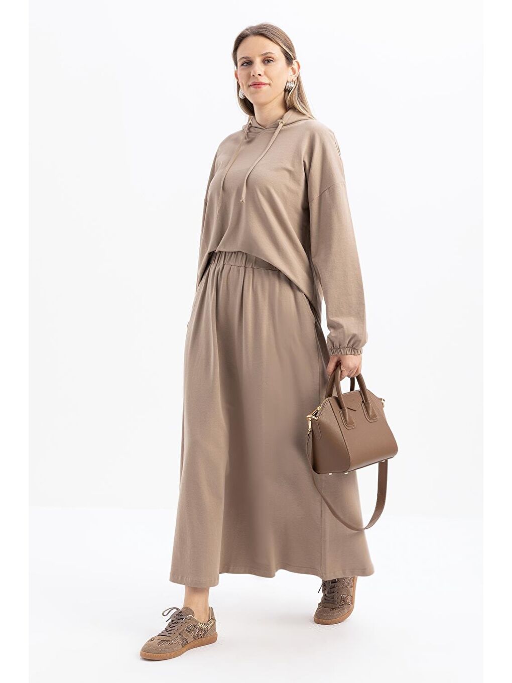 Bej Vizon-Kapüşonlu Elastanlı Etekli Takım