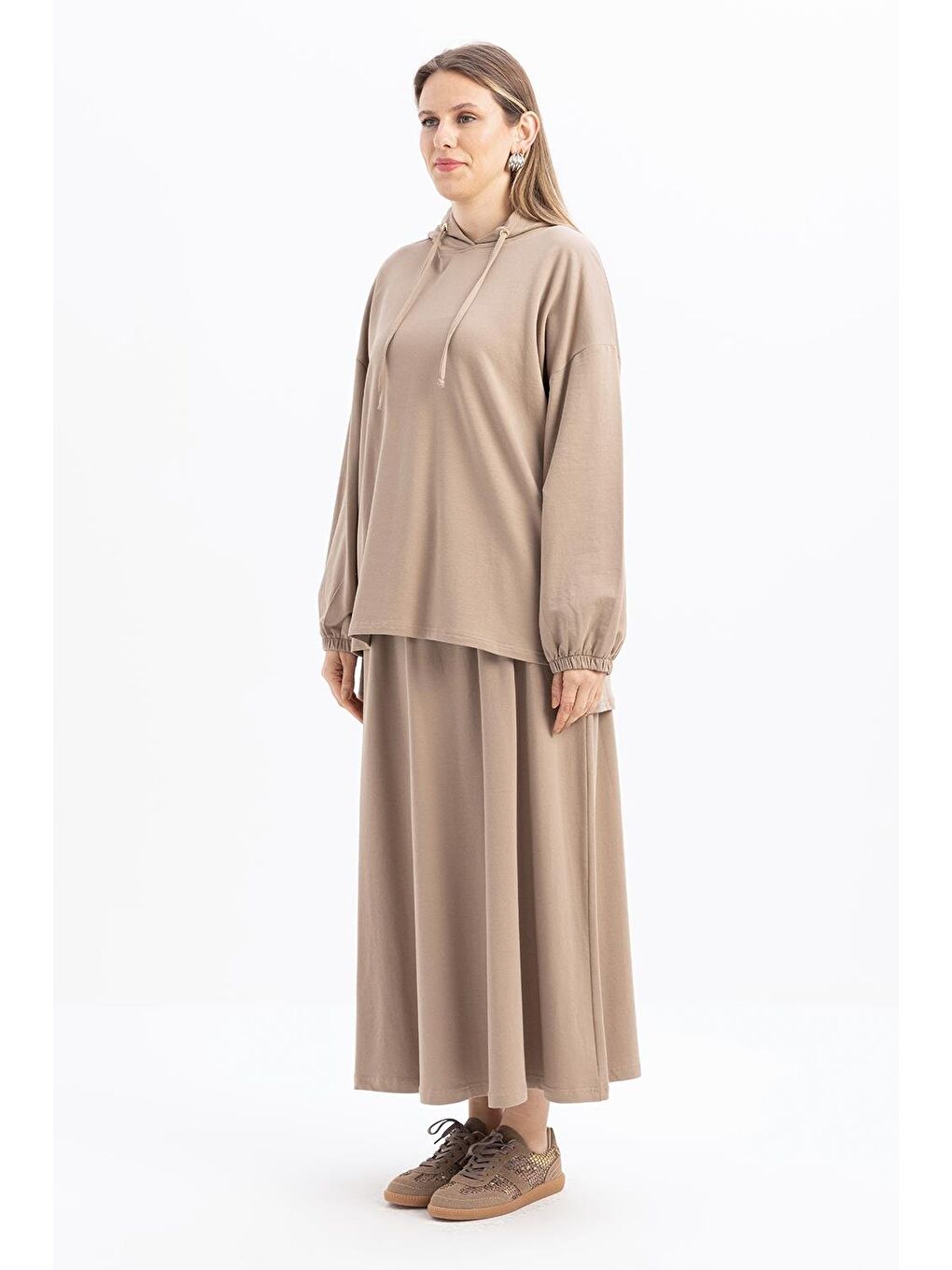 Bej Vizon-Kapüşonlu Elastanlı Etekli Takım-1
