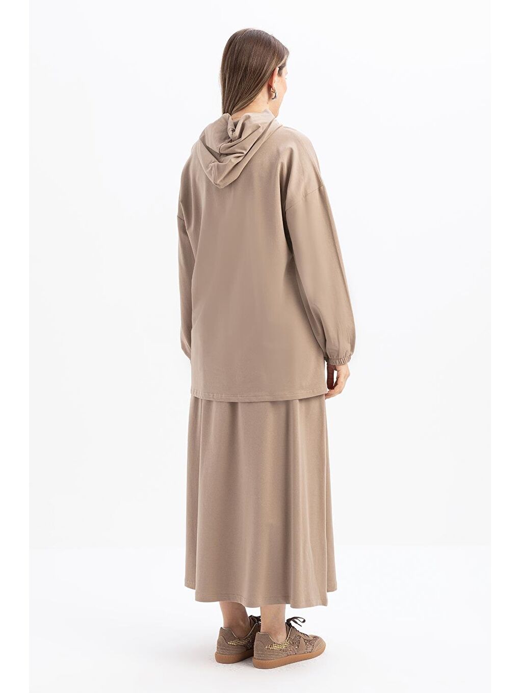 Bej Vizon-Kapüşonlu Elastanlı Etekli Takım-2