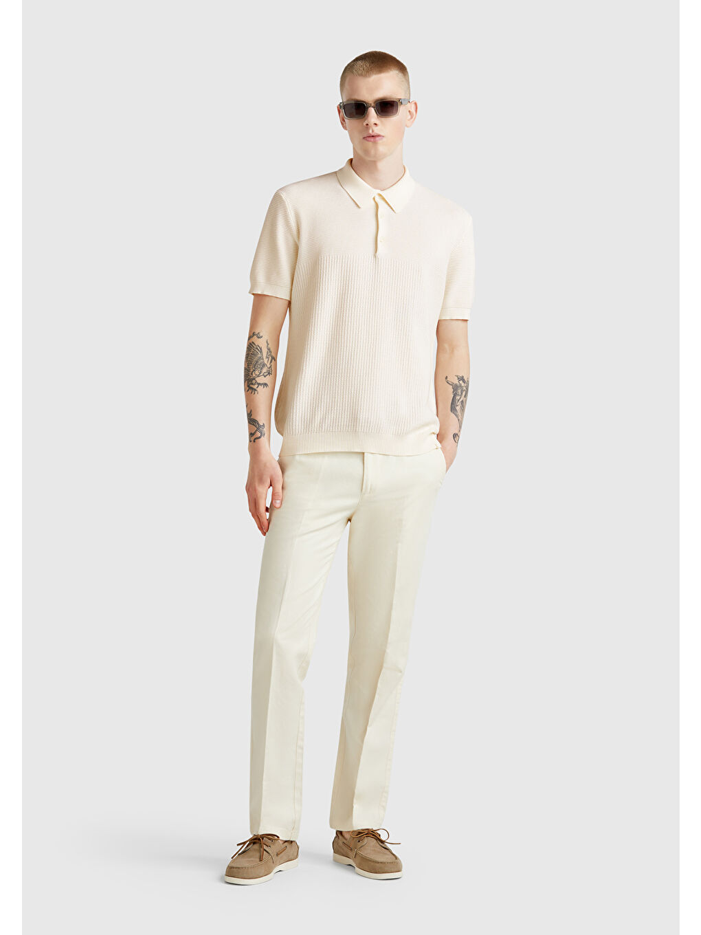 Ekru Erkek Krem %100 Pamuk Regular Fit Triko Polo T-Shirt-4
