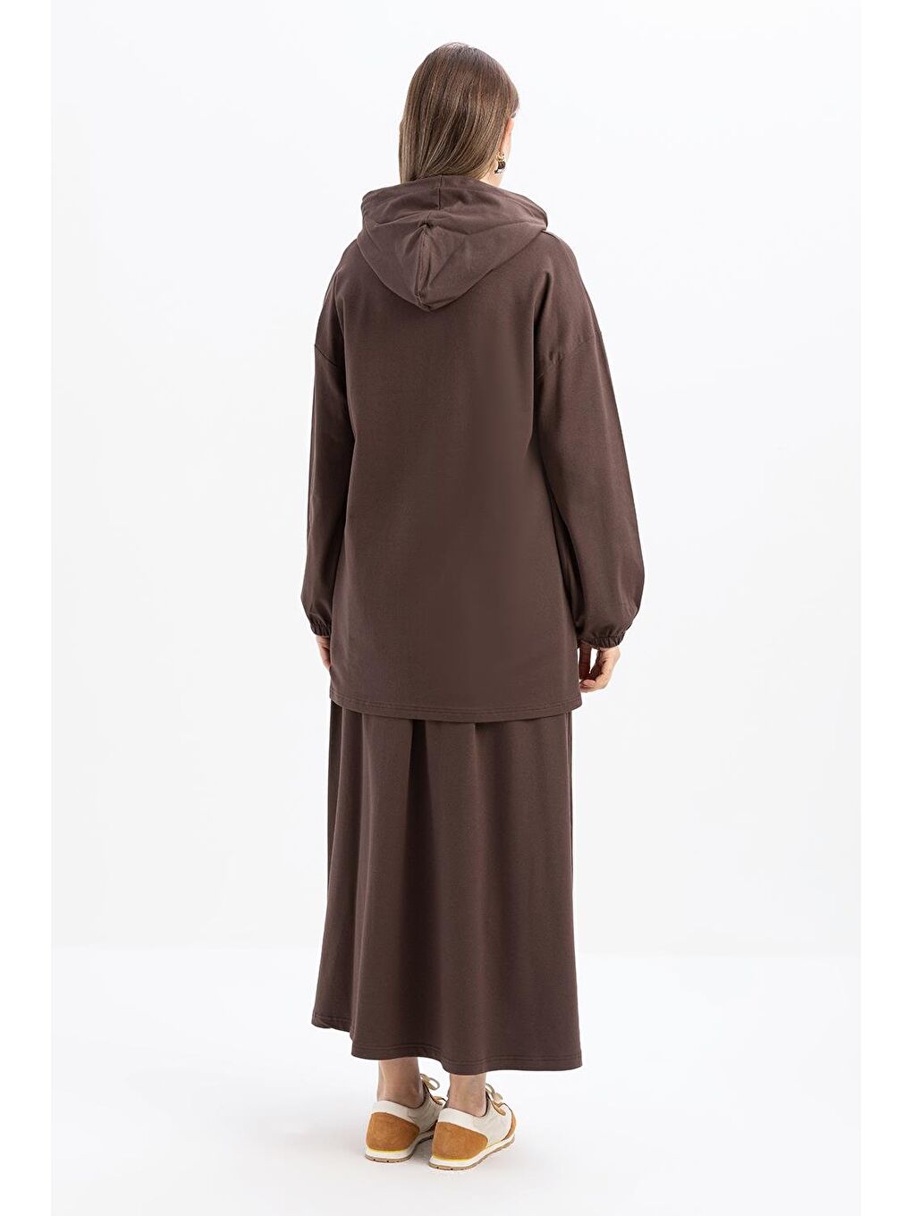 Kahverengi Kahve-Kapüşonlu Elastanlı Etekli Takım-2