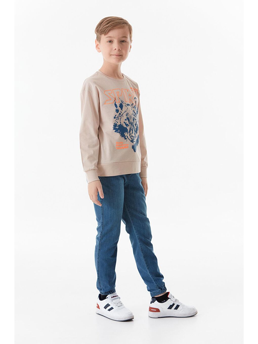 Bej Baskılı Bisiklet Yaka Erkek Çocuk Sweatshirt