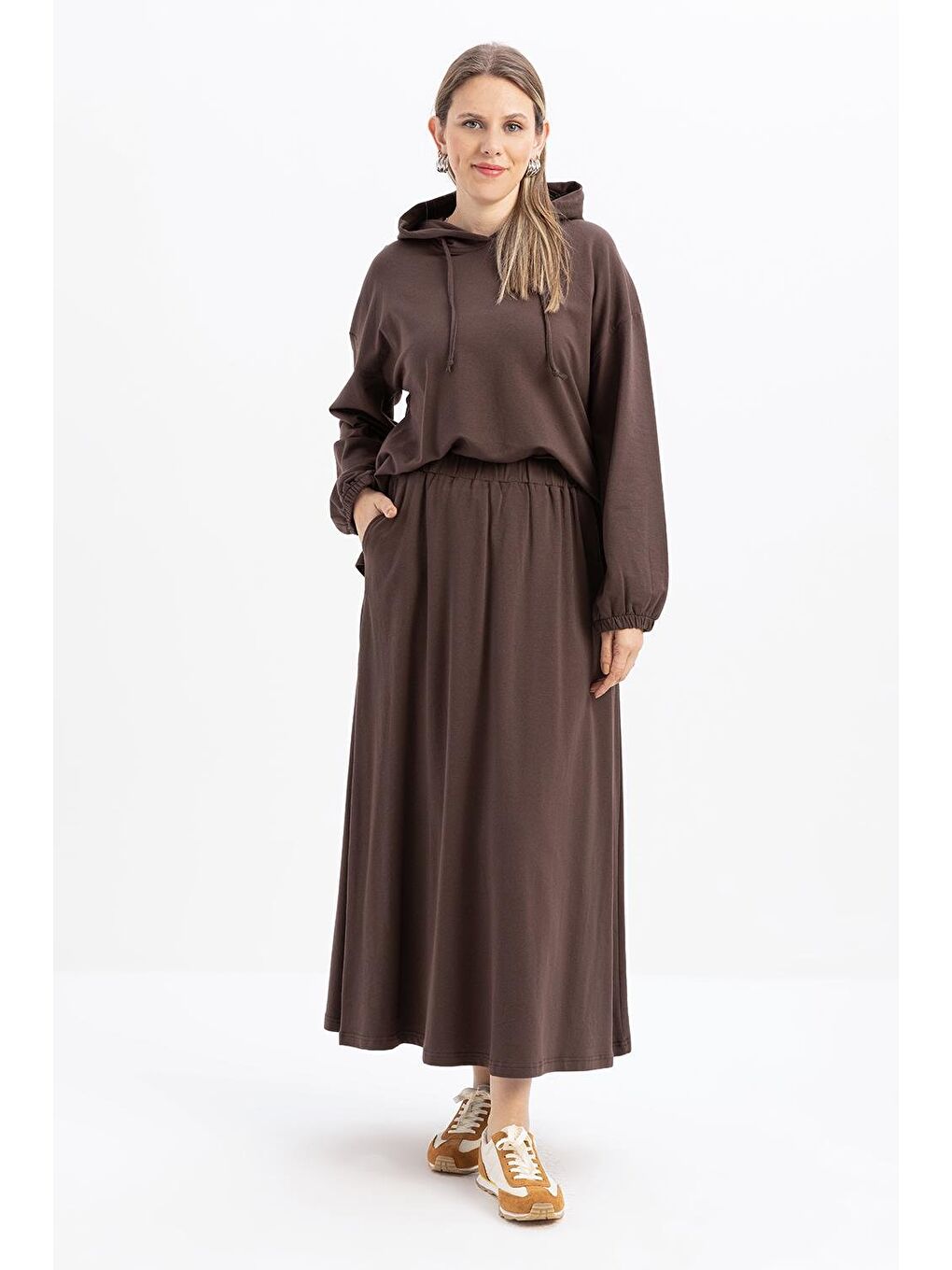 Kahverengi Kahve-Kapüşonlu Elastanlı Etekli Takım-3