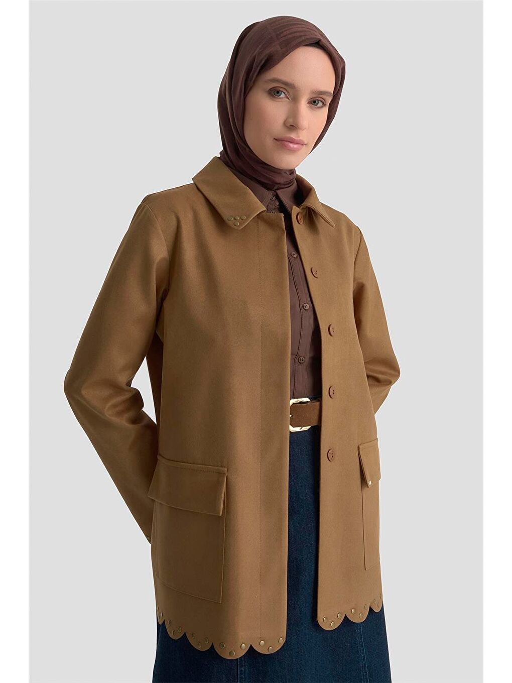 Kahverengi Etek Ucu Lazer Kesimli Ceket 25K5131 Camel-1
