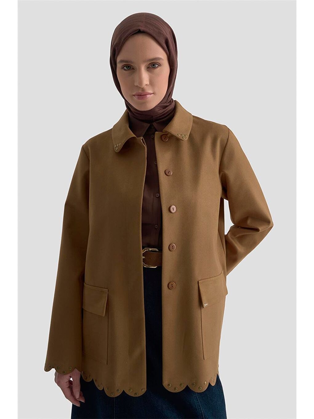 Kahverengi Etek Ucu Lazer Kesimli Ceket 25K5131 Camel-3
