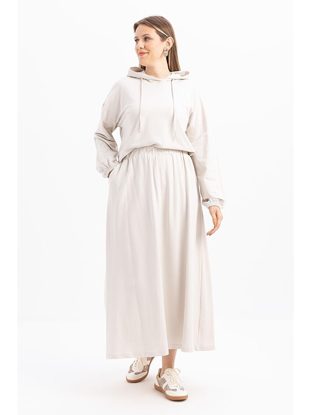 Bej Taş-Kapüşonlu Elastanlı Etekli Takım-3