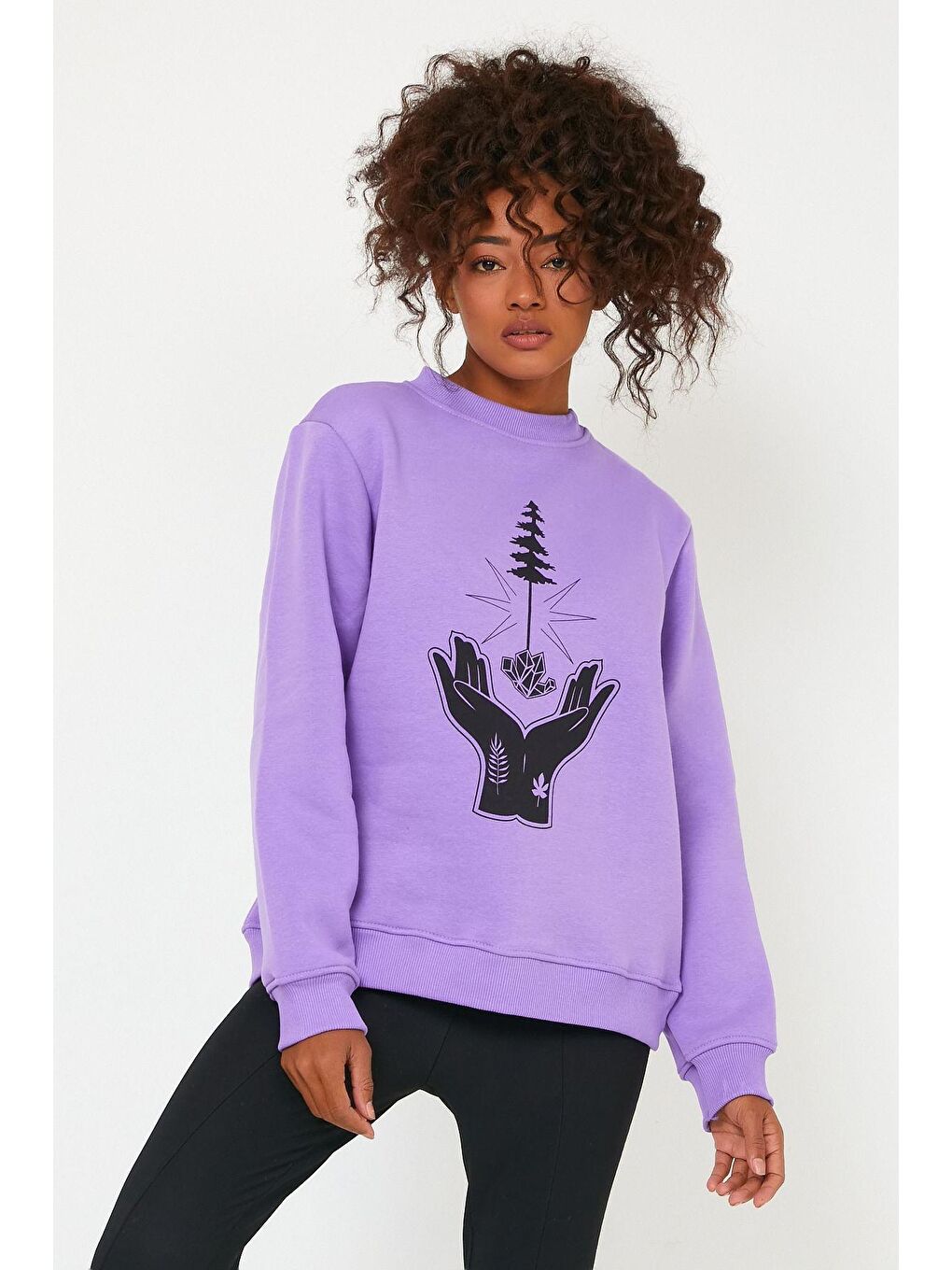 Siyah Store Kadın Sweatshirt Içi Polarlı Baskılı Oversize Outdoor Sweatshirt