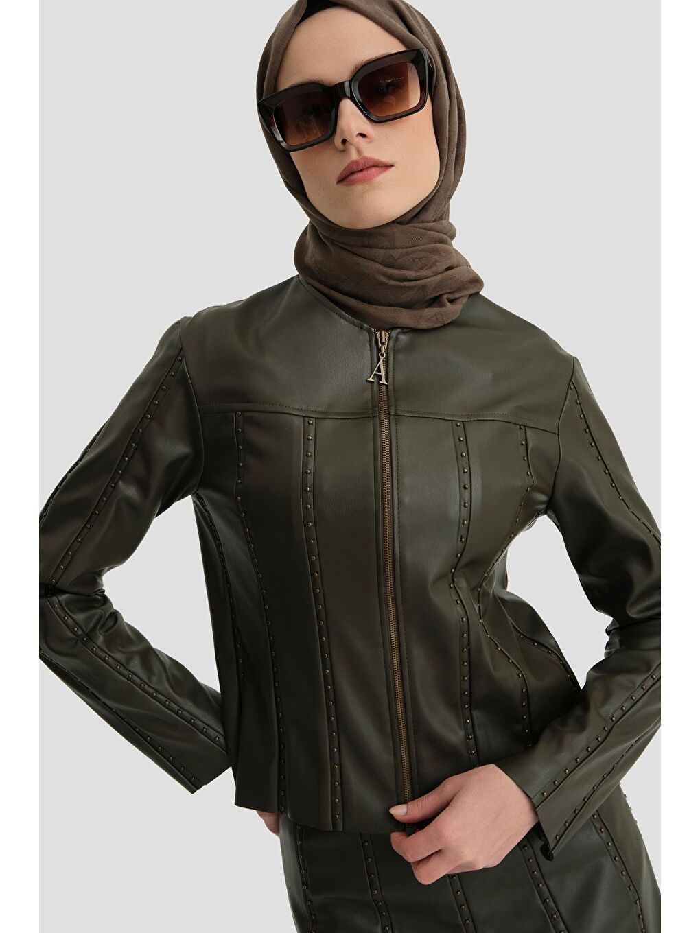 Trok Biyeli Deri Ceket 24K5716 Haki-2