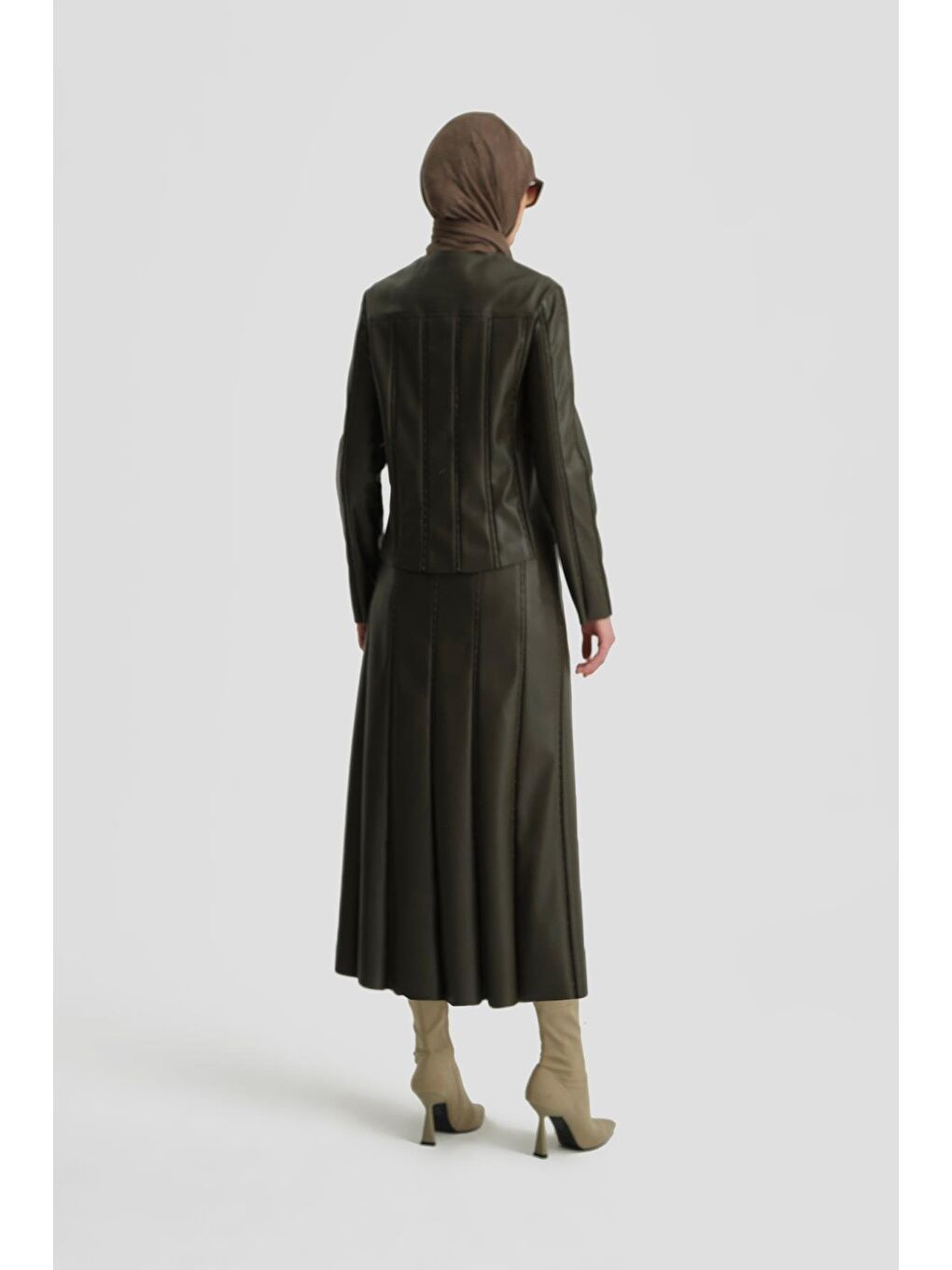 Trok Biyeli Deri Ceket 24K5716 Haki-3