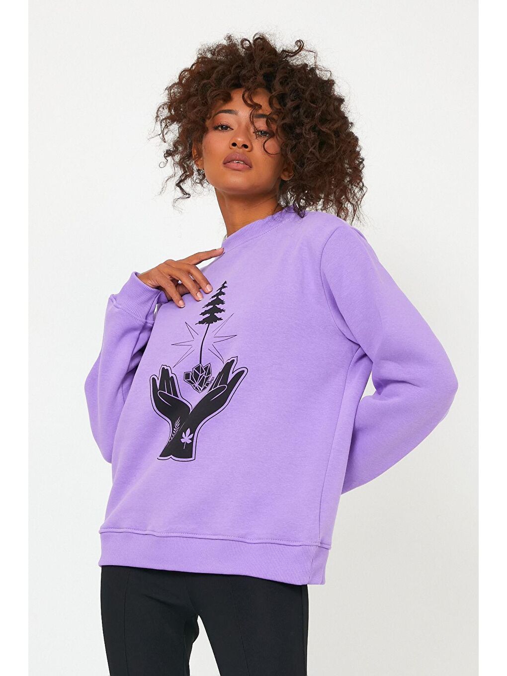 Siyah Store Kadın Sweatshirt Içi Polarlı Baskılı Oversize Outdoor Sweatshirt-2