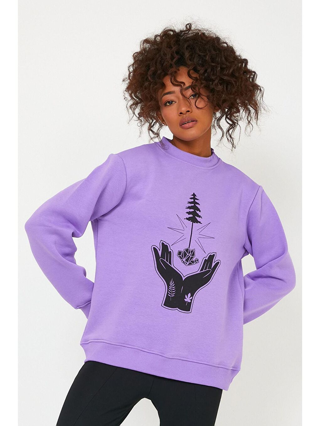 Siyah Store Kadın Sweatshirt Içi Polarlı Baskılı Oversize Outdoor Sweatshirt-3