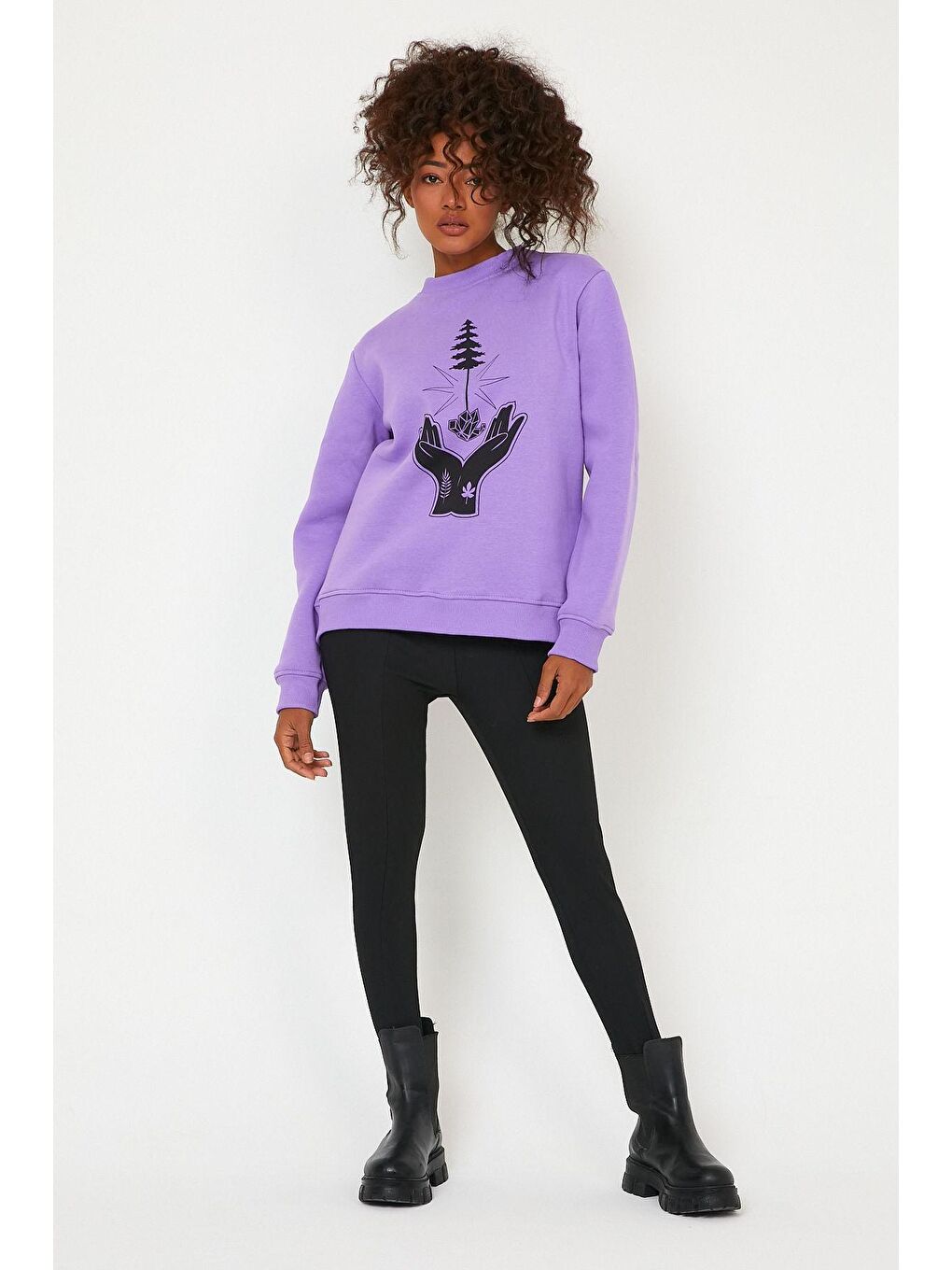 Siyah Store Kadın Sweatshirt Içi Polarlı Baskılı Oversize Outdoor Sweatshirt-4