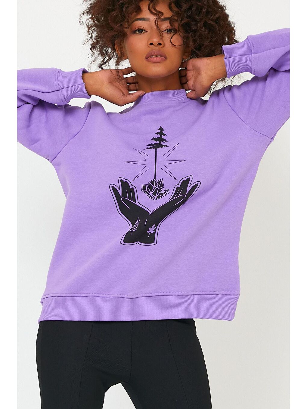 Siyah Store Kadın Sweatshirt Içi Polarlı Baskılı Oversize Outdoor Sweatshirt-5