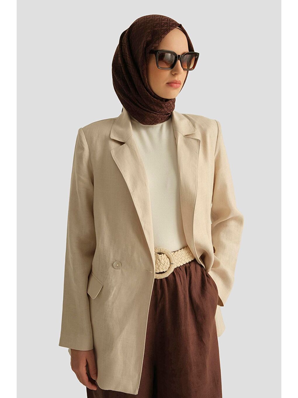 Ekru Kruvaze Keten Ceket 25Y5917 Taş-2