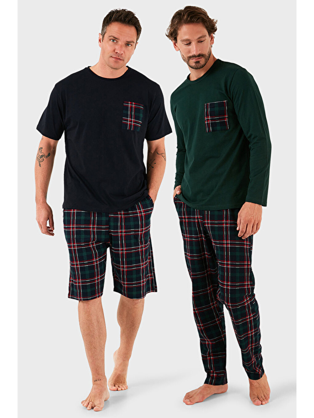 Lacivert Pamuklu Regular Fit Kareli 2'li Paket Pijama Takımı 657200120S2