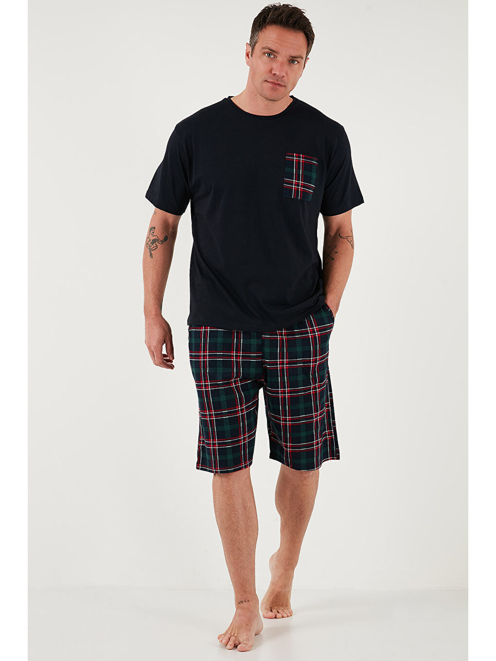 Lacivert Pamuklu Regular Fit Kareli 2'li Paket Pijama Takımı 657200120S2-1