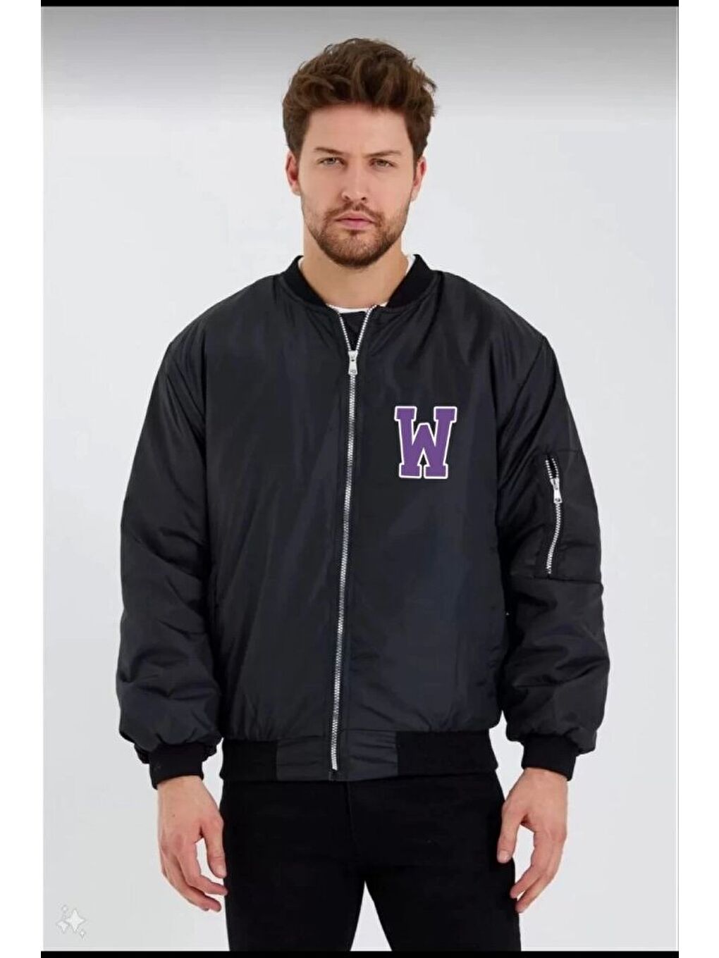 Unisex Uzun Kol Baskılı Bomber Ceket - Siyah-1