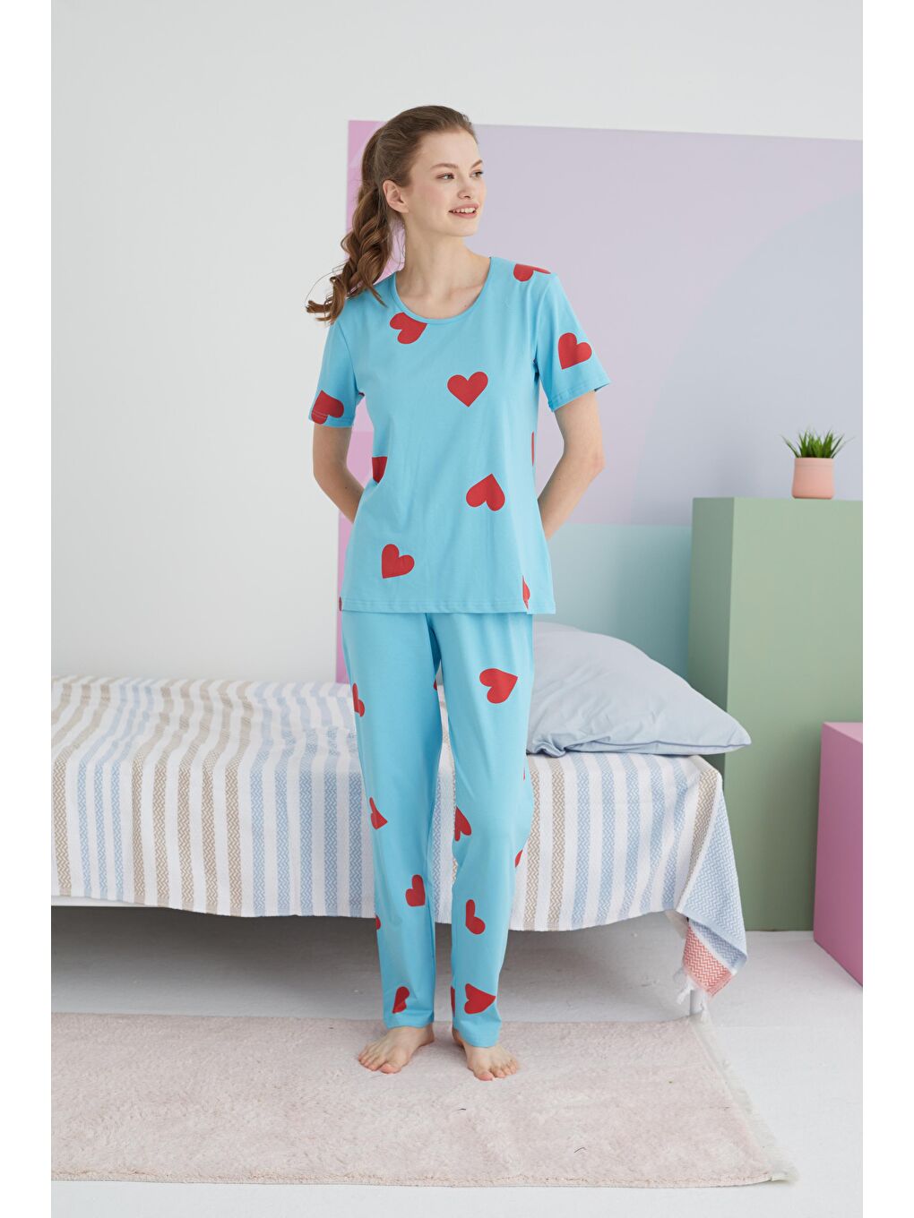 SİYAH İNCİ Mavi Pamuklu Örme Pijama Takım