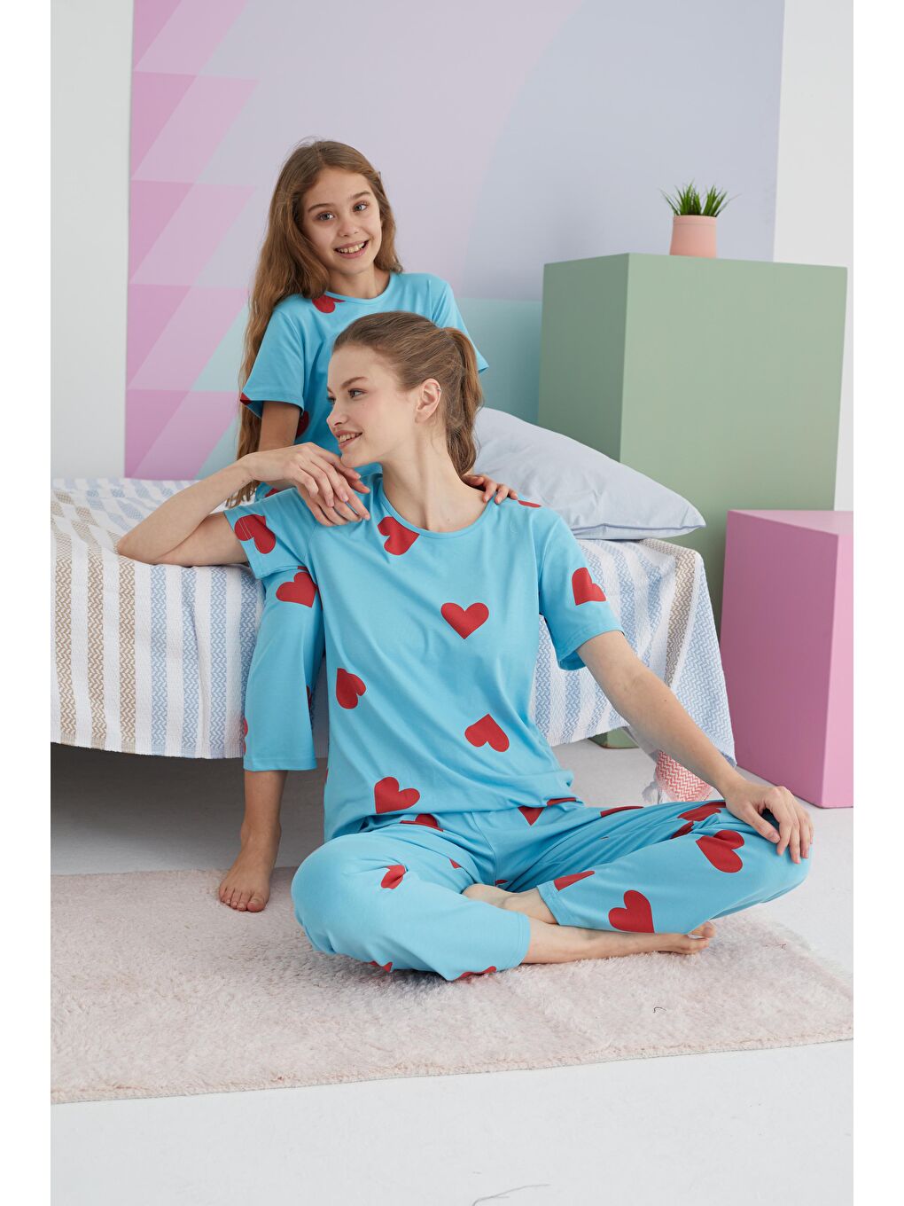 SİYAH İNCİ Mavi Pamuklu Örme Pijama Takım - 1