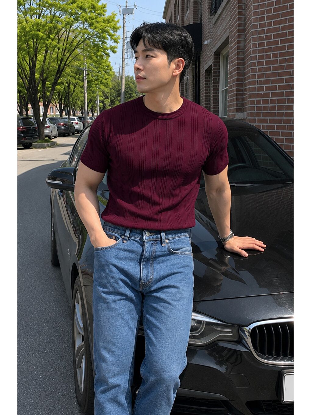 Bordo Old Money Fit Bisiklet Yaka Çizgili Triko T-Shirt – Slim Kalıp Premium Kahve-1