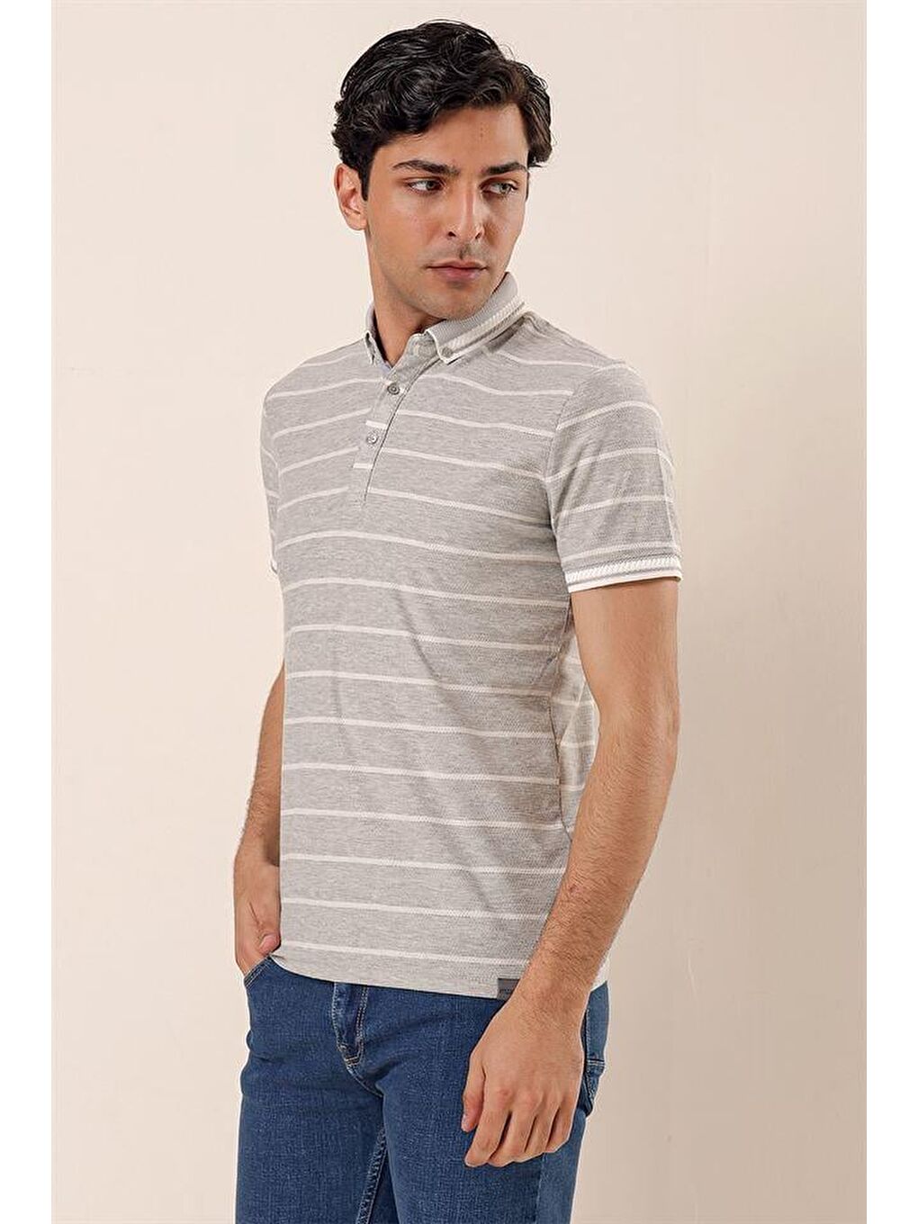Gri Kısa Kollu Çizgili Armürlüpamuklu Casual Slim Fit Dar Kesim Tişört 1011230167