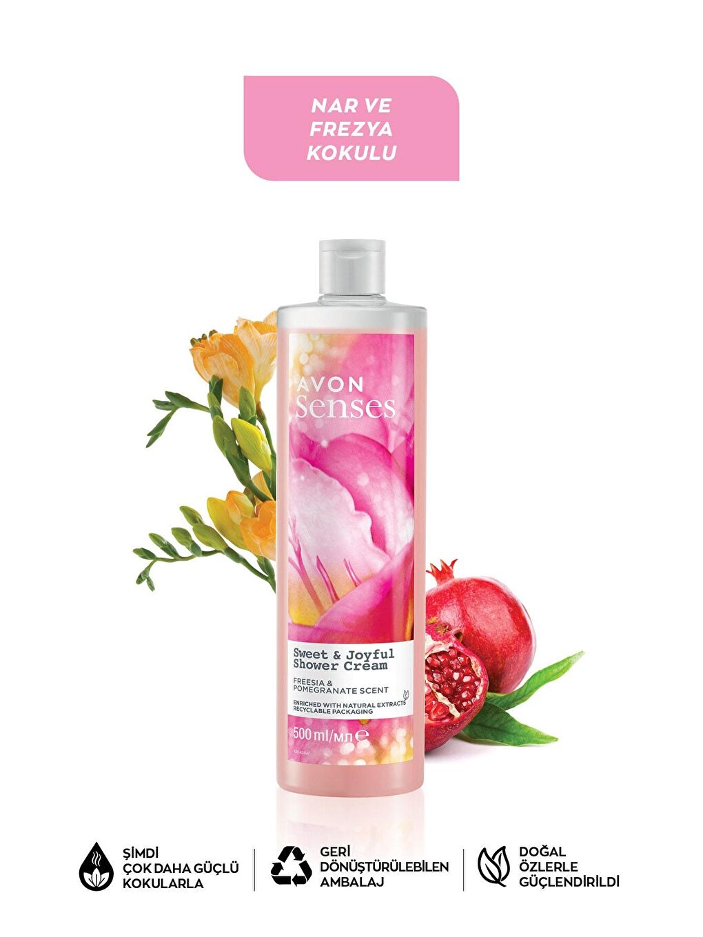 AVON Renksiz Senses Sweat & Joyful Frezya ve Nar Kokulu Krem Duş Jeli 500 Ml. - 1