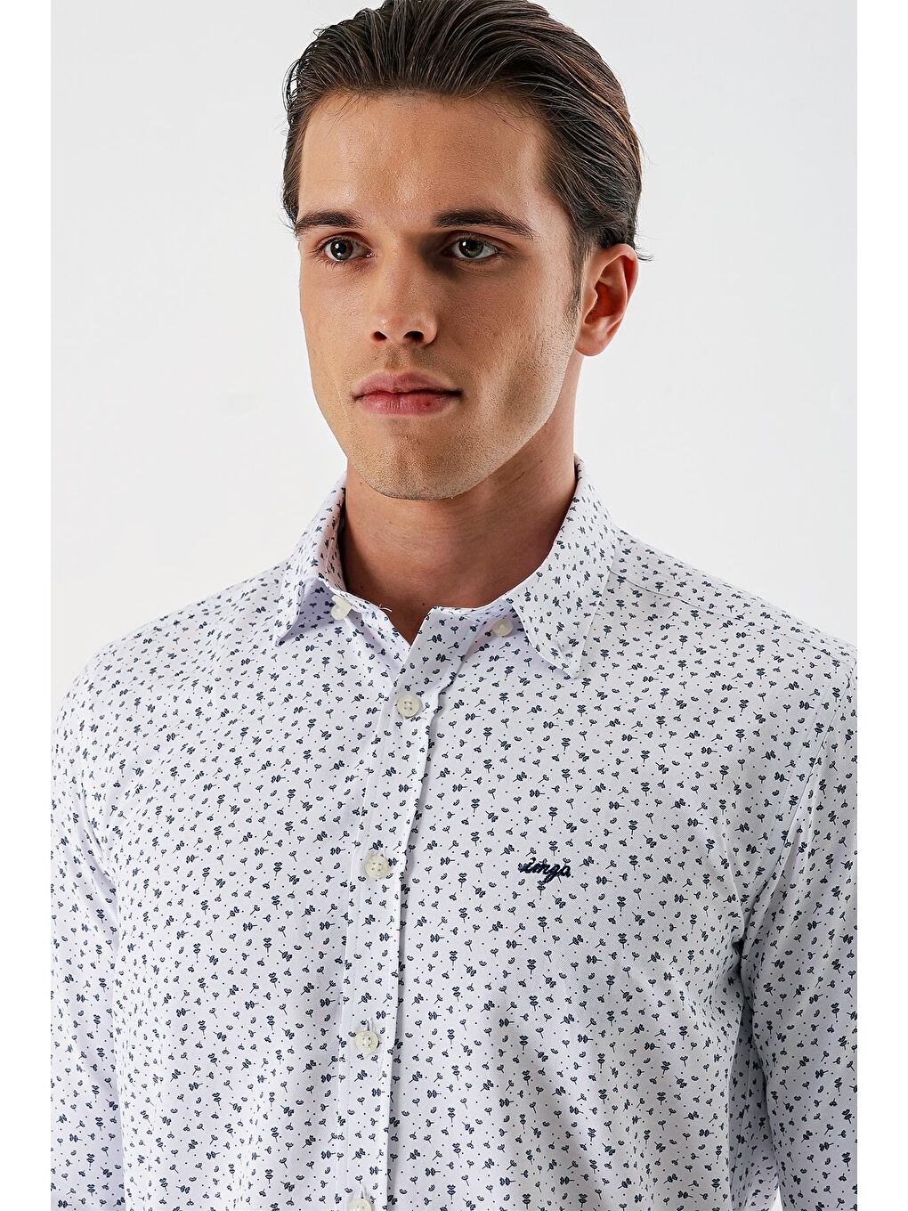 Beyaz Uzun Kollu Baskılı Bez Ayağı Düğmeli Yaka Cepsiz Pamuklu Slim Fit Gömlek 1004235170-5