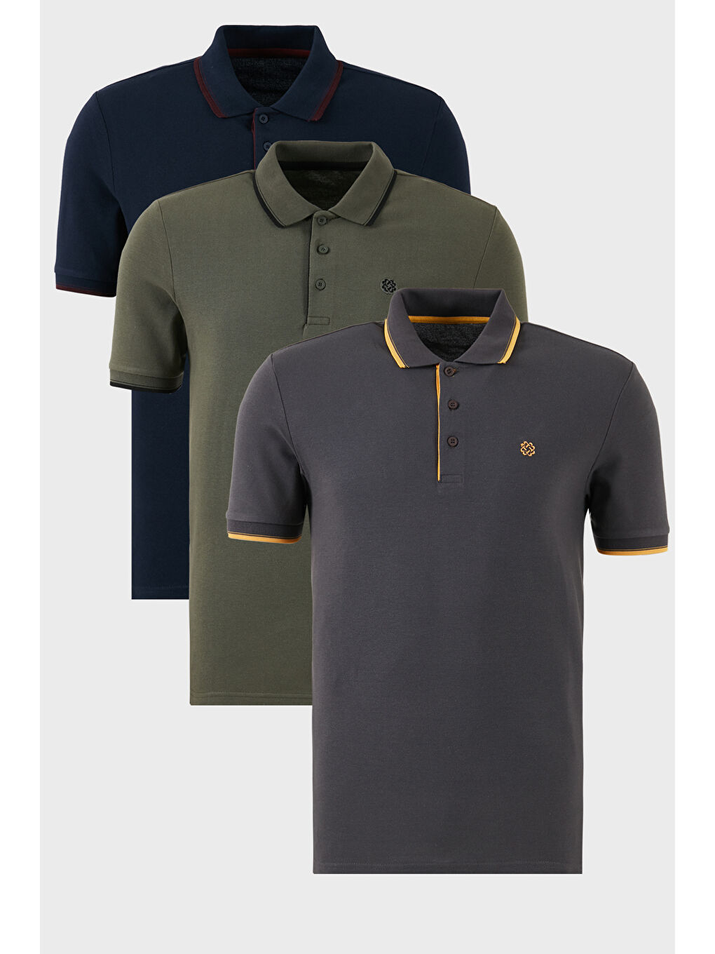 Antrasit Pamuklu Slim Fit Şerit Detaylı Düğmeli Polo Yaka 3'lü Paket %100 Pamuk Tişört 5902118S3
