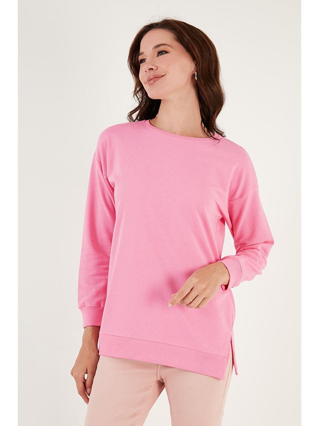 Lela Canlı Pembe Pamuklu Regular Fit Bisiklet Yaka Basic Sweat 5863569