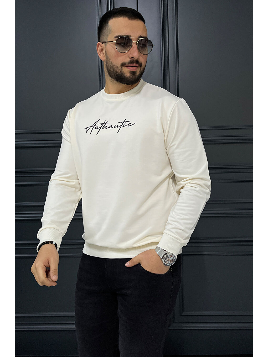 Mishar İtalia Ekru Erkek Bisiklet Yaka Ön Nakışlı Sweatshirt - 1