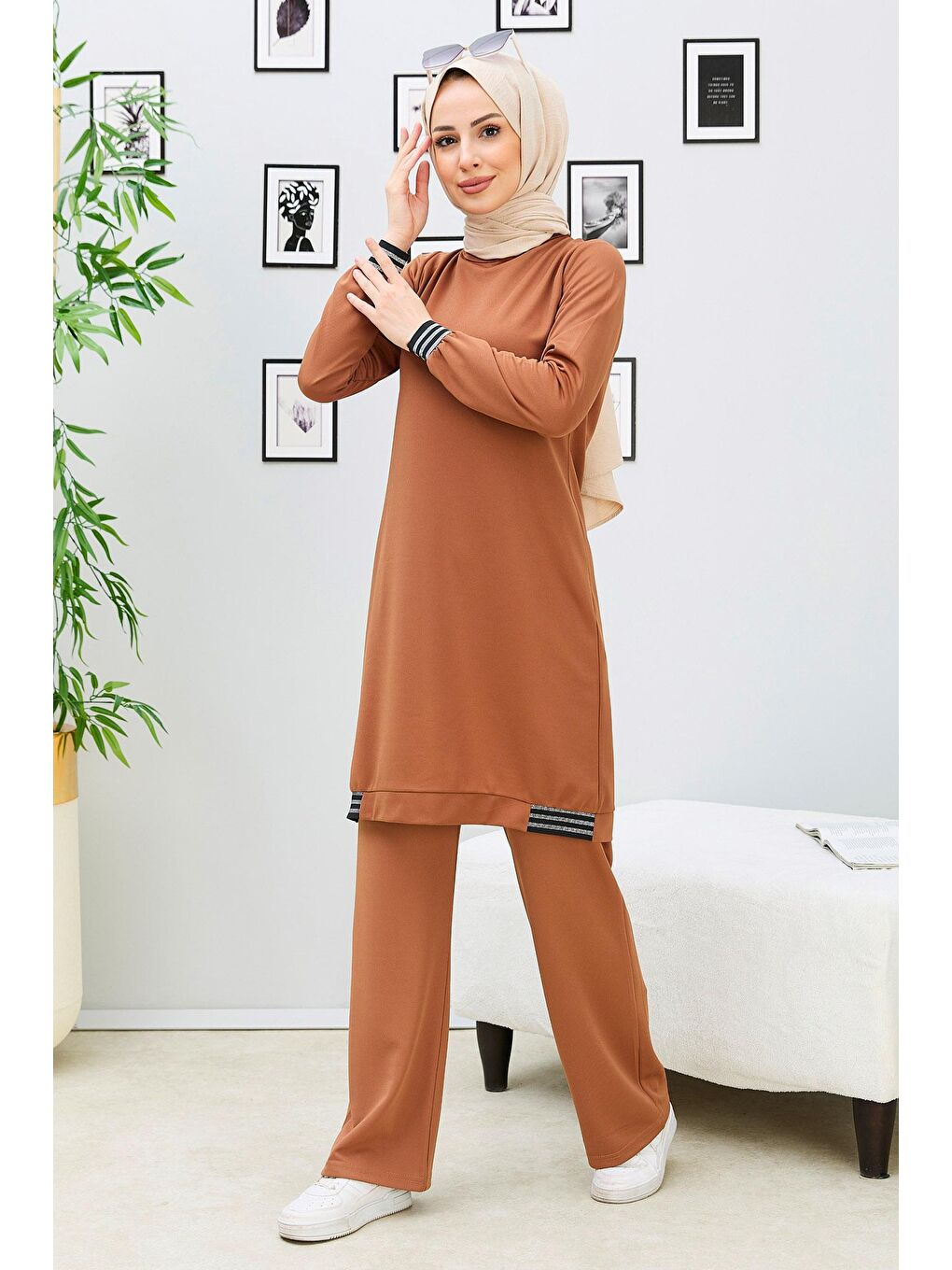 Kahverengi Bisiklet Yaka Kadın Taba Tunik Pantolon - 11352