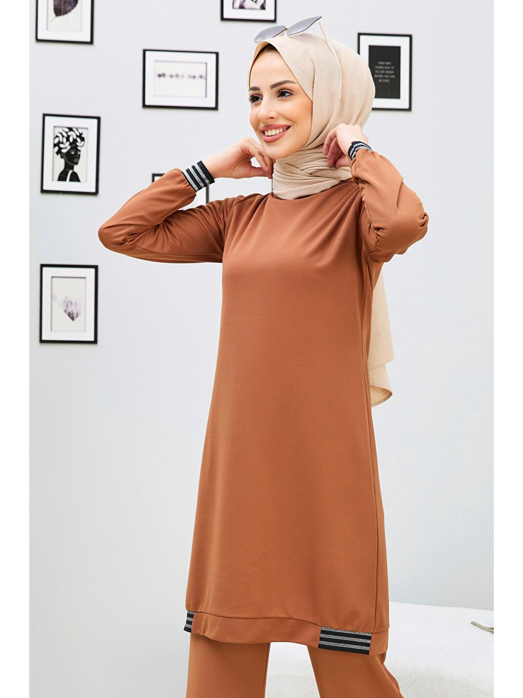 Kahverengi Bisiklet Yaka Kadın Taba Tunik Pantolon - 11352-1