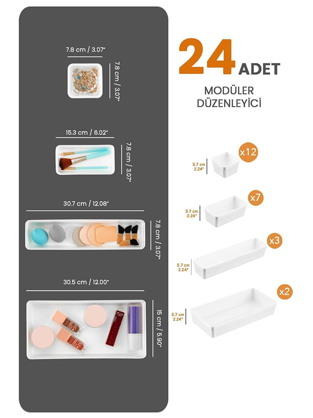24'lü Set - Modüler Tasarım Çekmece İçi Düzenleyici Set - Banyo Makyaj ve Takı Organizer Beyaz-1