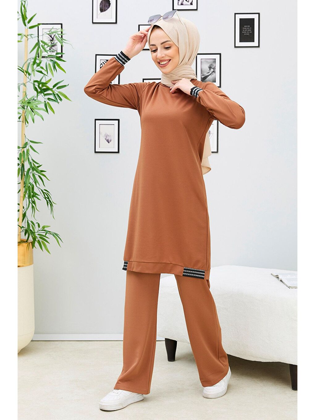 Kahverengi Bisiklet Yaka Kadın Taba Tunik Pantolon - 11352-3