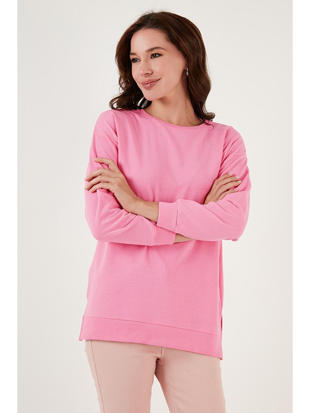 Lela Canlı Pembe Pamuklu Regular Fit Bisiklet Yaka Basic Sweat 5863569 - 2