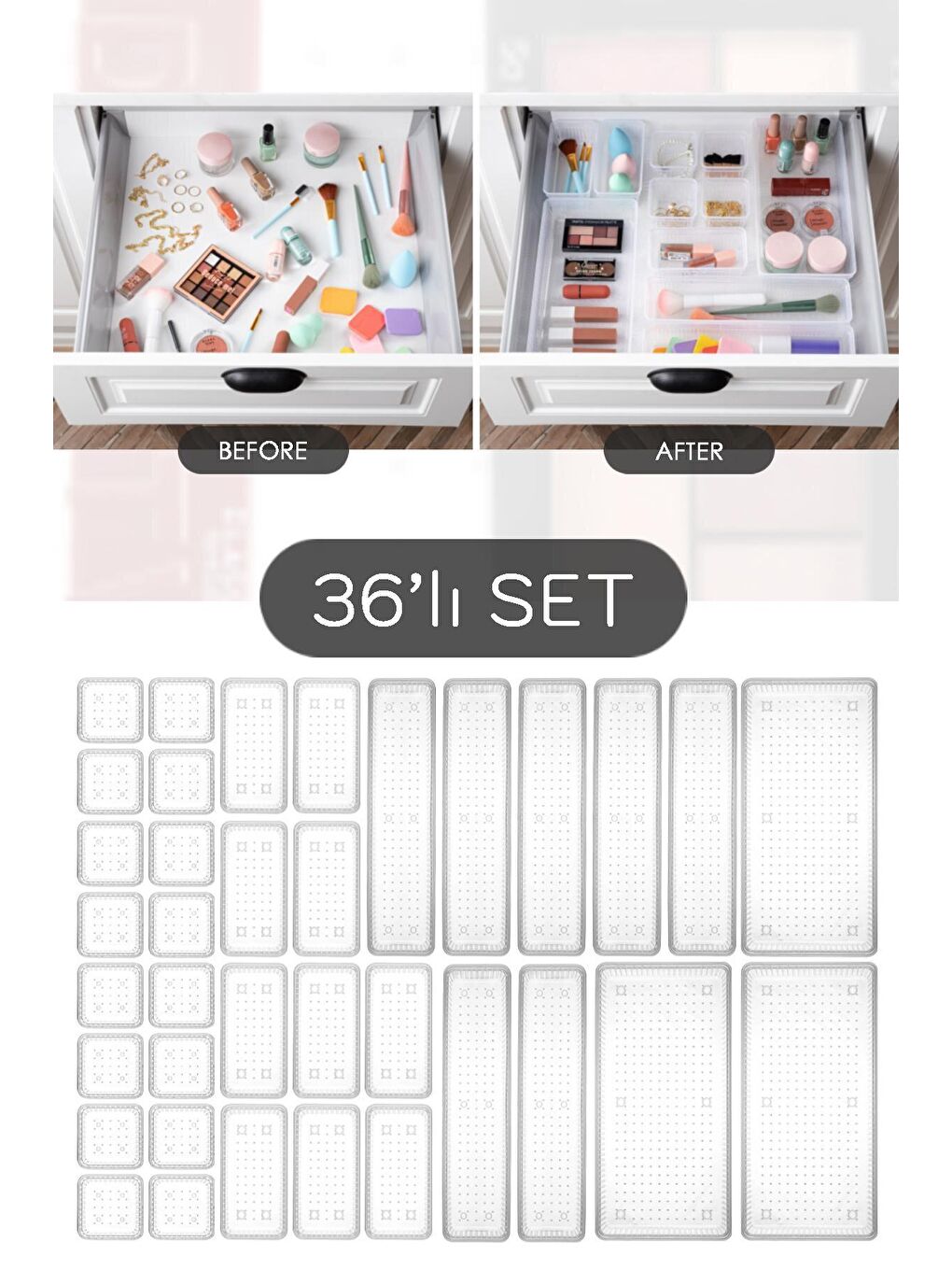 Renksiz 36'lı Mega Set Modüler Çekmece İçi Organizer - Banyo Takı Aksesuar Düzenleyici Şeffaf