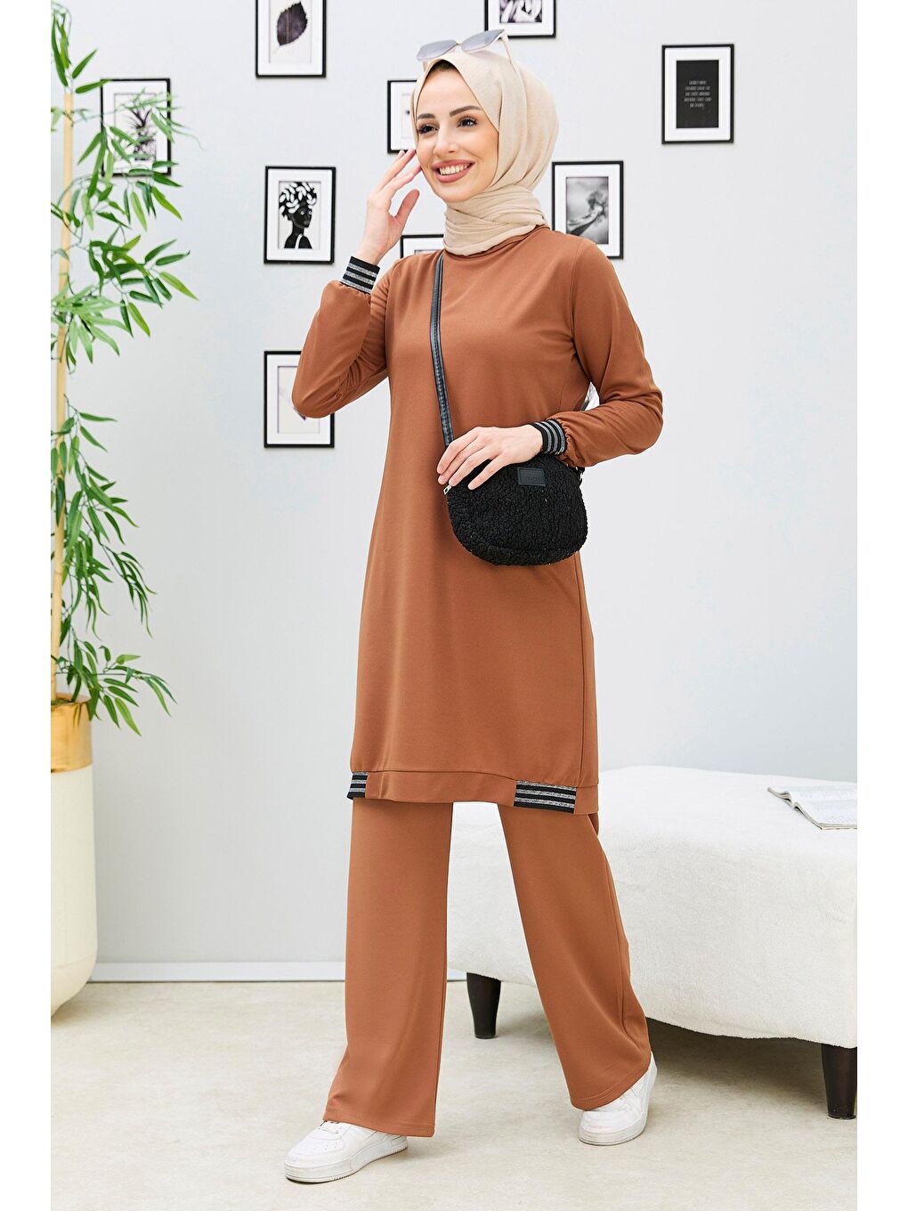 Kahverengi Bisiklet Yaka Kadın Taba Tunik Pantolon - 11352-5