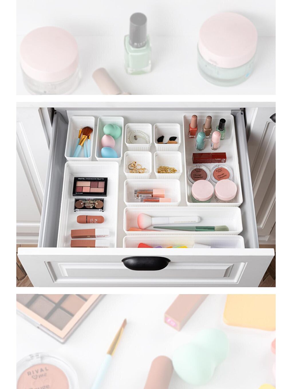 24'lü Set - Modüler Tasarım Çekmece İçi Düzenleyici Set - Banyo Makyaj ve Takı Organizer Beyaz-3