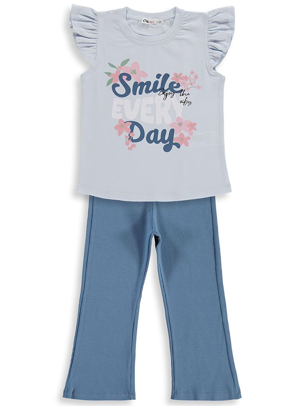 Girls Smile Baskılı 2-5 Yaş Takım - Açık Mavi-Koyu İndigo