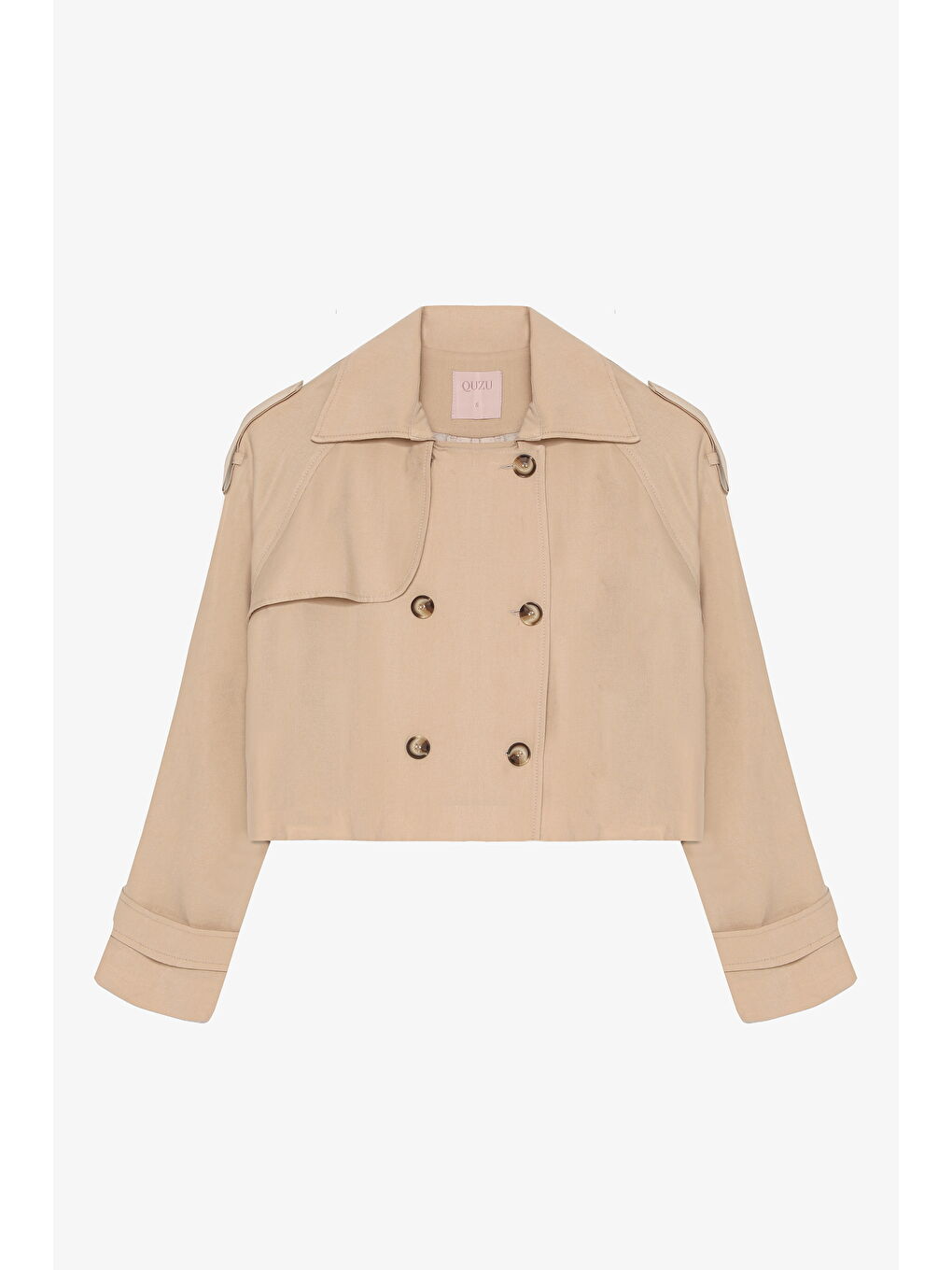 Çift Düğmeli Kruvaze Yaka Kısa Trençkot Bej