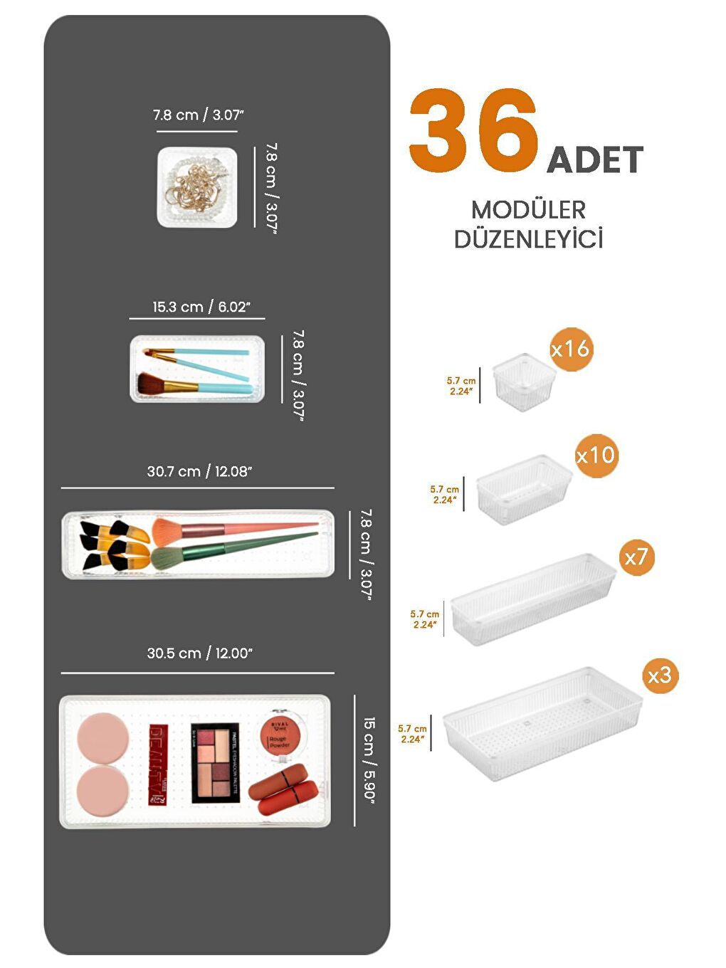 Renksiz 36'lı Mega Set Modüler Çekmece İçi Organizer - Banyo Takı Aksesuar Düzenleyici Şeffaf-1