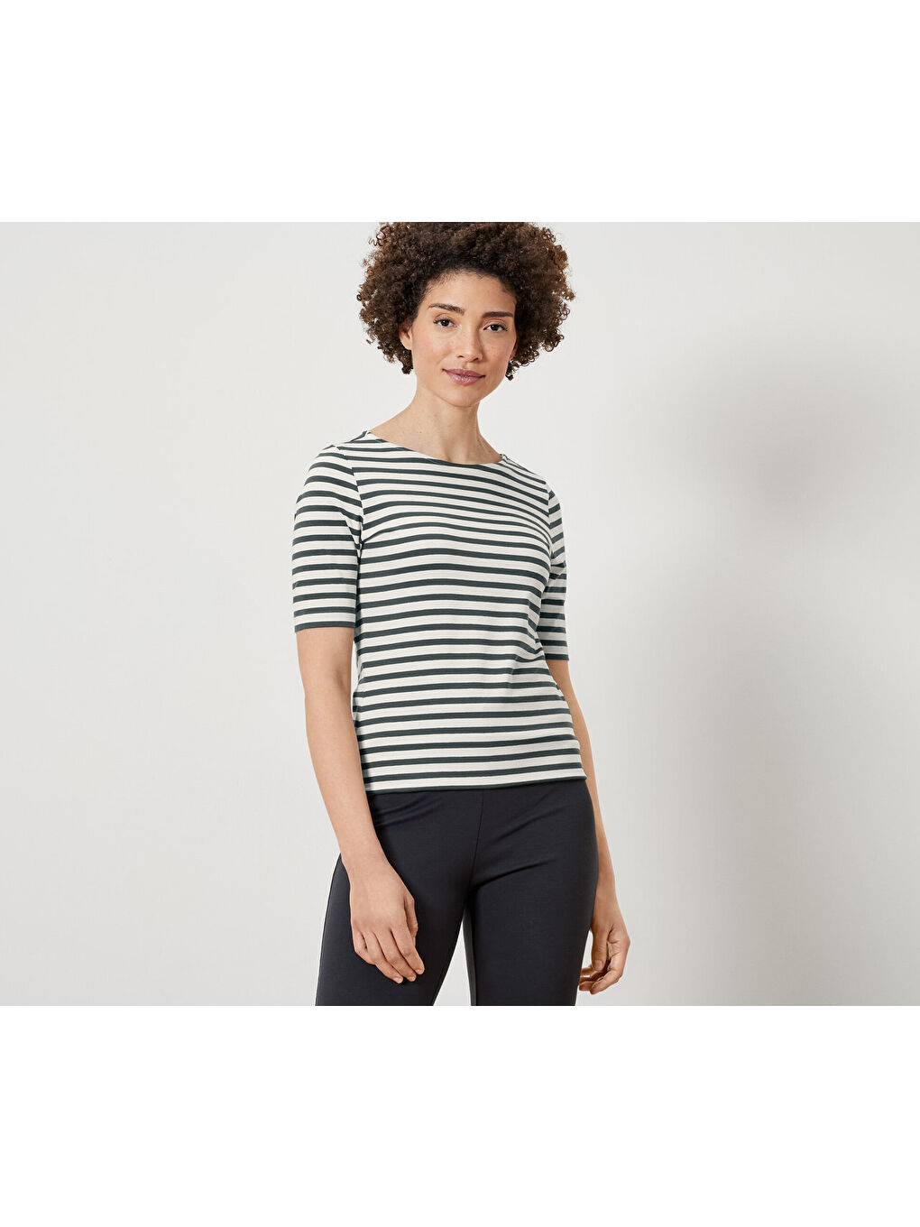 Kadın Tişört, Yarım Kollu, Yeşil Çizgili