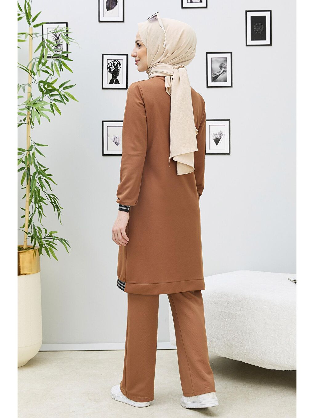 Kahverengi Bisiklet Yaka Kadın Taba Tunik Pantolon - 11352-7