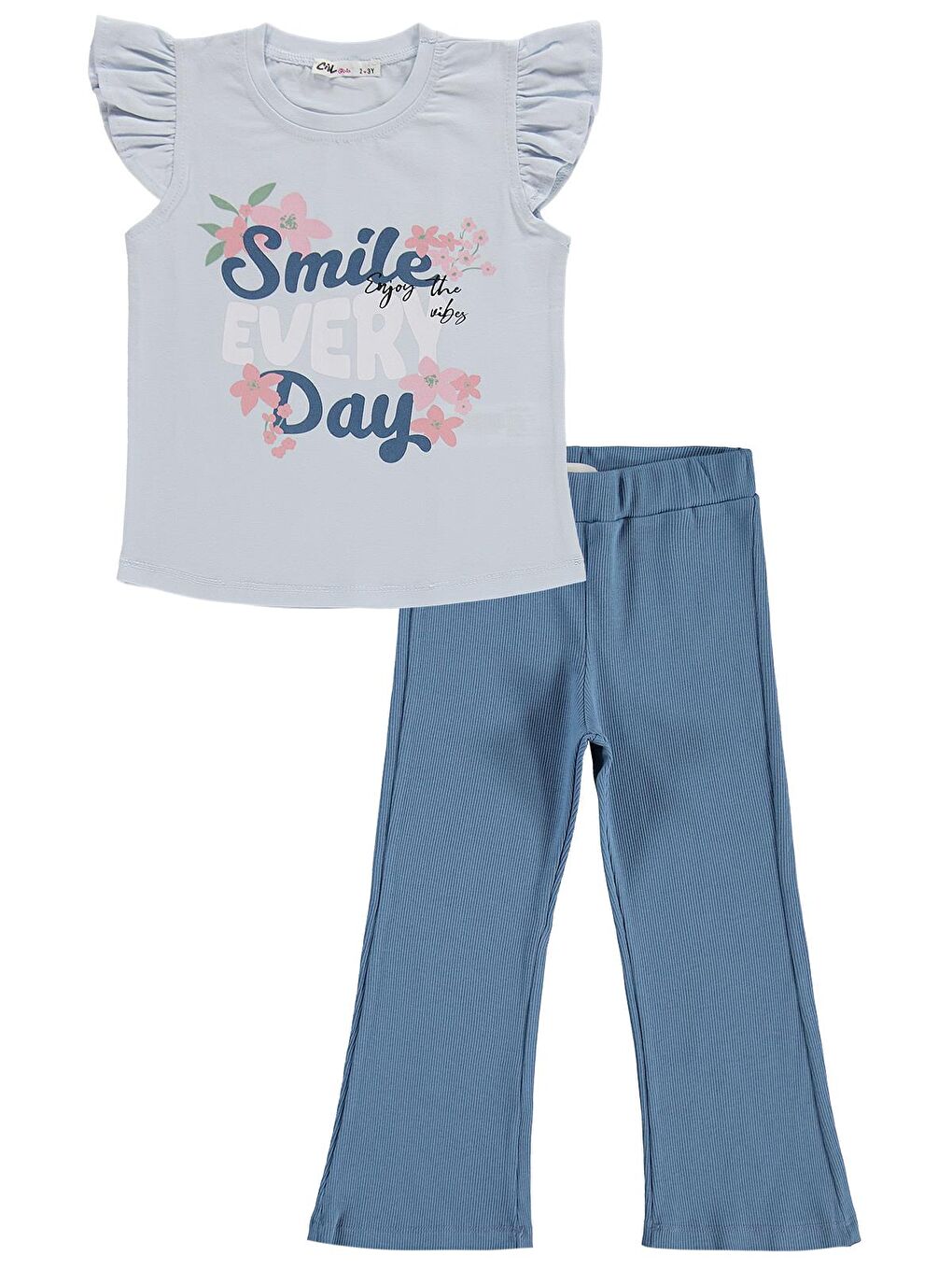 Girls Smile Baskılı 2-5 Yaş Takım - Açık Mavi-Koyu İndigo-3