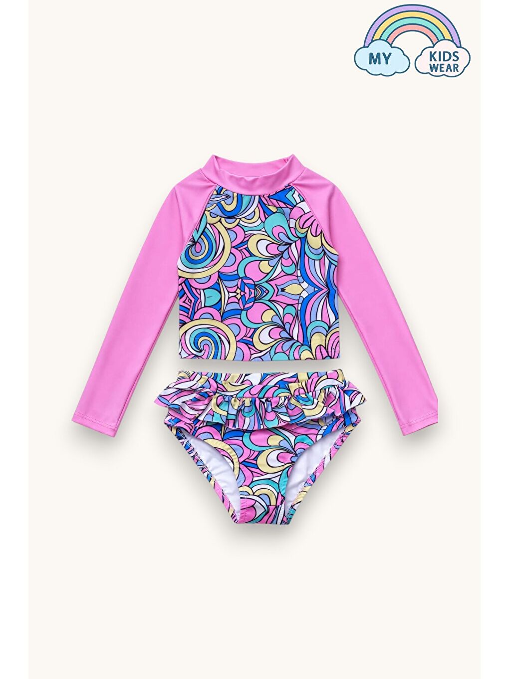 Pembe Kız Çocuk Uzun Kollu Desenli Bikini Takımı Volanlı Yazlık Mayo 3-8 Yaş 12641