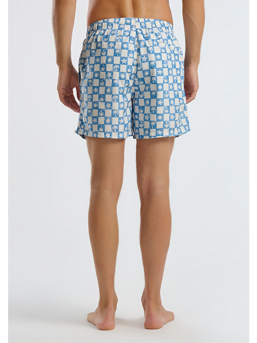 Erkek Açık Mavi Desenli Arkası Cep Detaylı Büzgü İpli Deniz Şortu-1