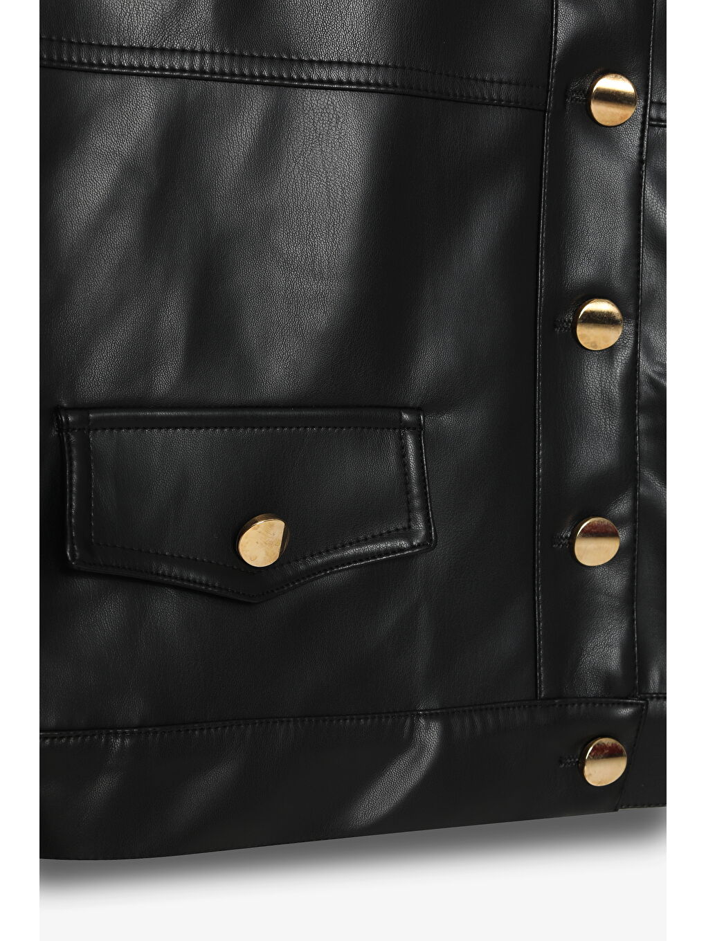 Çift Cepli Düğmeli Crop Deri Ceket Siyah-1
