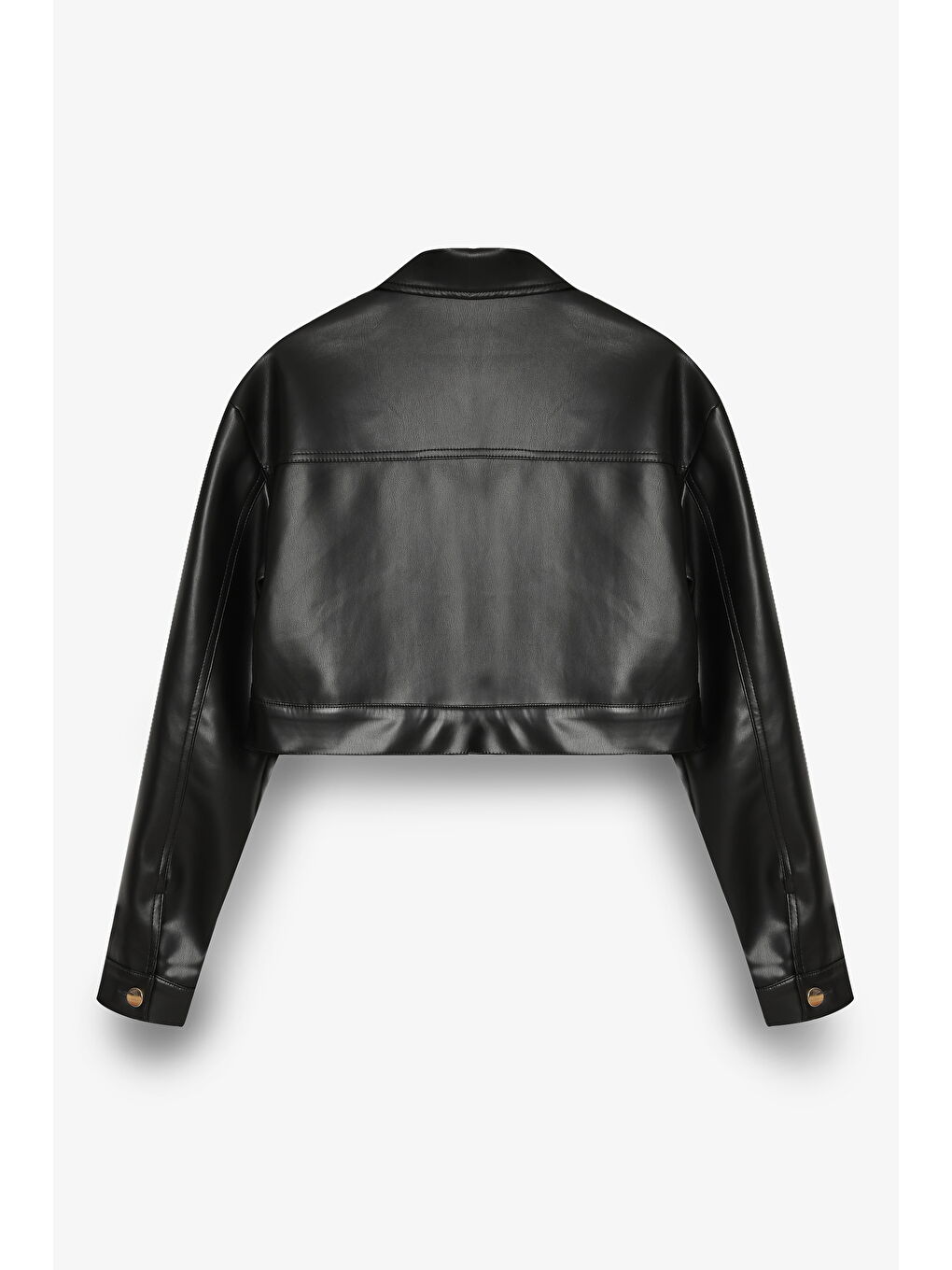Çift Cepli Düğmeli Crop Deri Ceket Siyah-2