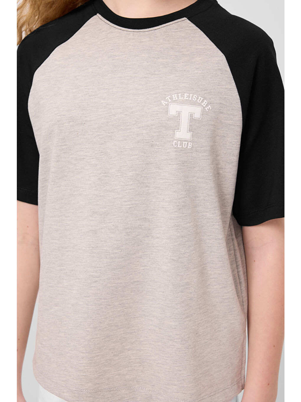 Gri Melanj O Yaka Pamuklu Baskılı Oversize Fit Kız Çocuk T-Shirt - 75179-1