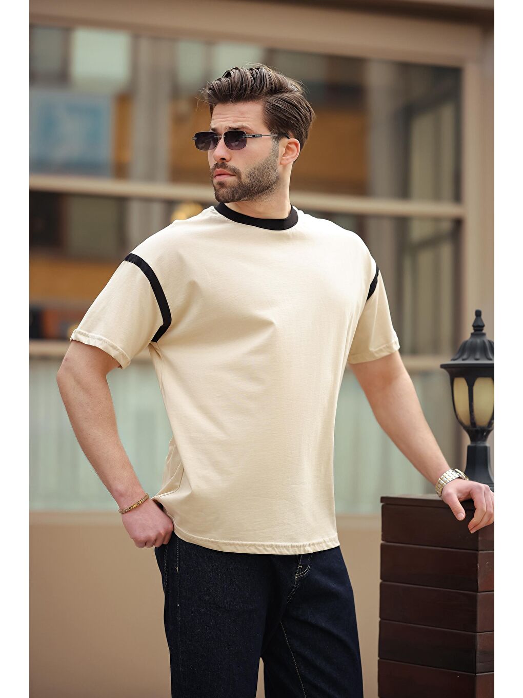 Bej Bisiklet Yaka Regular Fit Erkek %100 Pamuk Tişört E7126-3